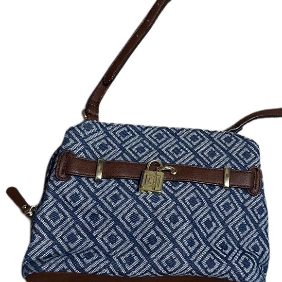 Liz Claiborne Handbags - Liz Claiborne Blue, White, and Brown Crossbody with Fabric and Leather